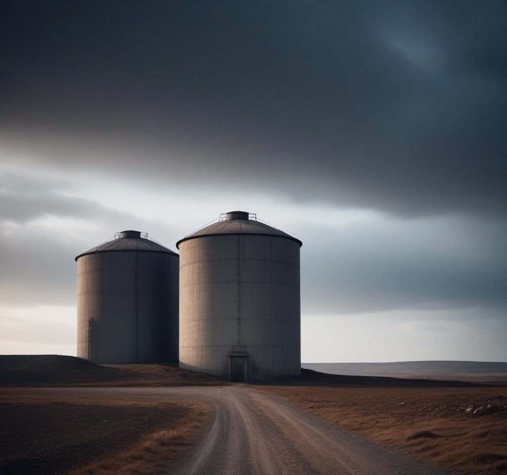 Two concrete silos with an access road